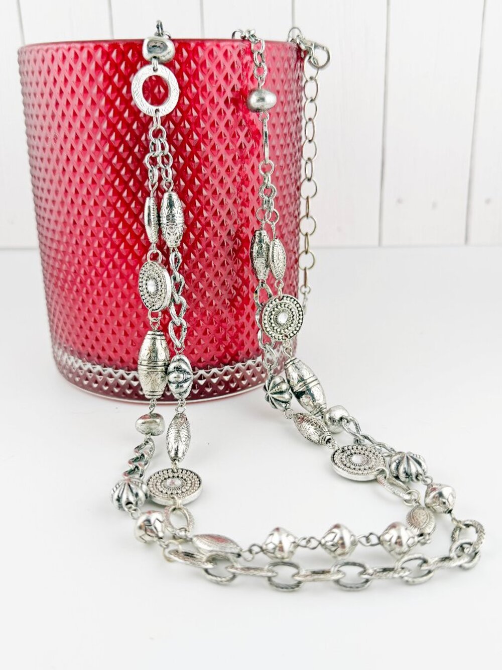 Ruby Rd. Silver Tone Boho Mixed Media Layered Necklace - Etched Beads & Crystals